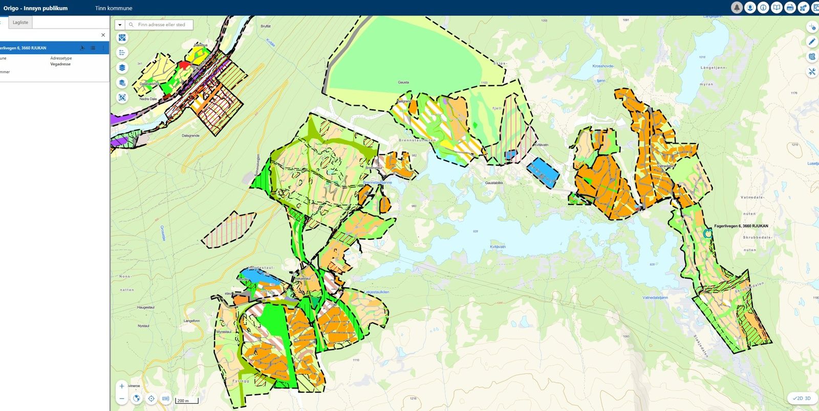 Fagerlivegen 6 markert i reguleringskart fra kommunen på tinn.kommunegis.no i Gaustaområdet