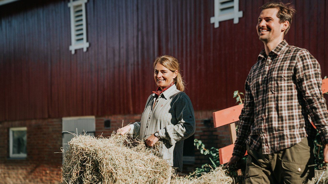 Bønder bærer høy fra låven