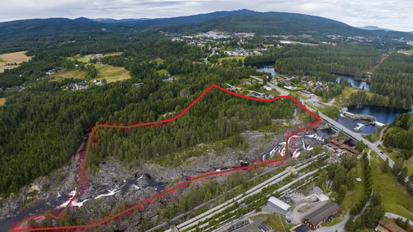 Skogteigen Lysemyrhagen ved Labrofossen (inntegnet areal er omtrentlig skissert og ikke faktiske tomtegrenser)