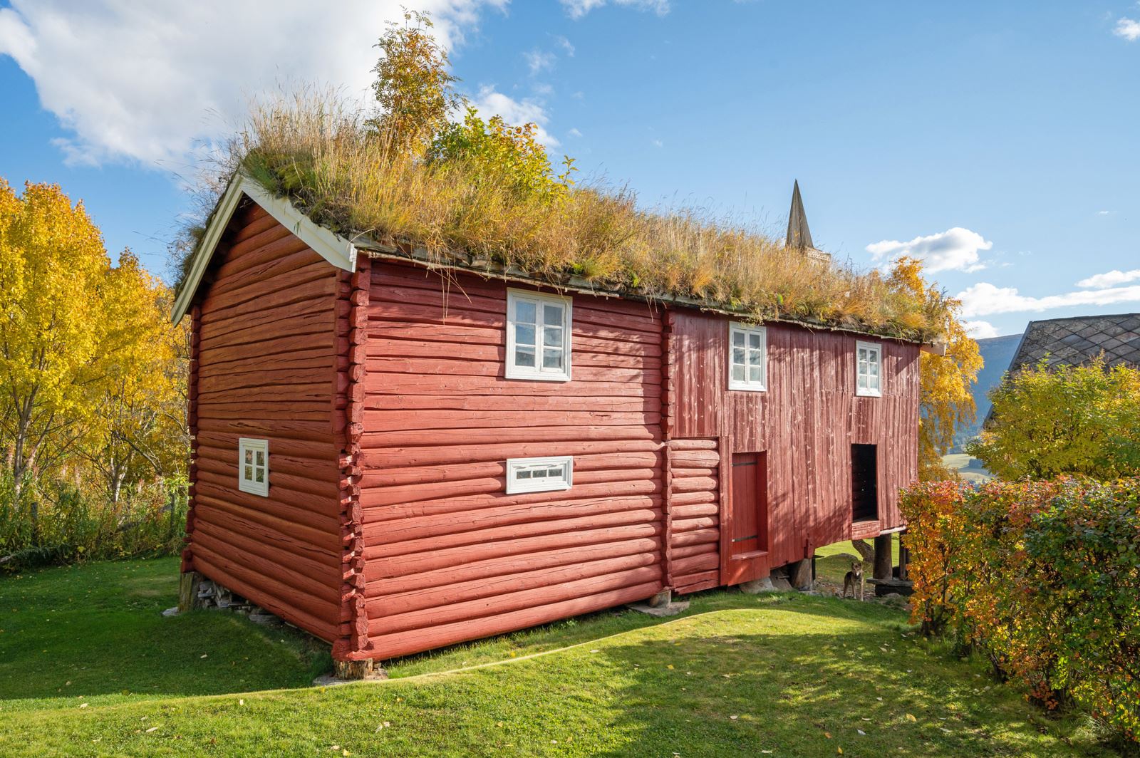 Det er flere bygninger på eiendommen, blant annet dette store stabburet