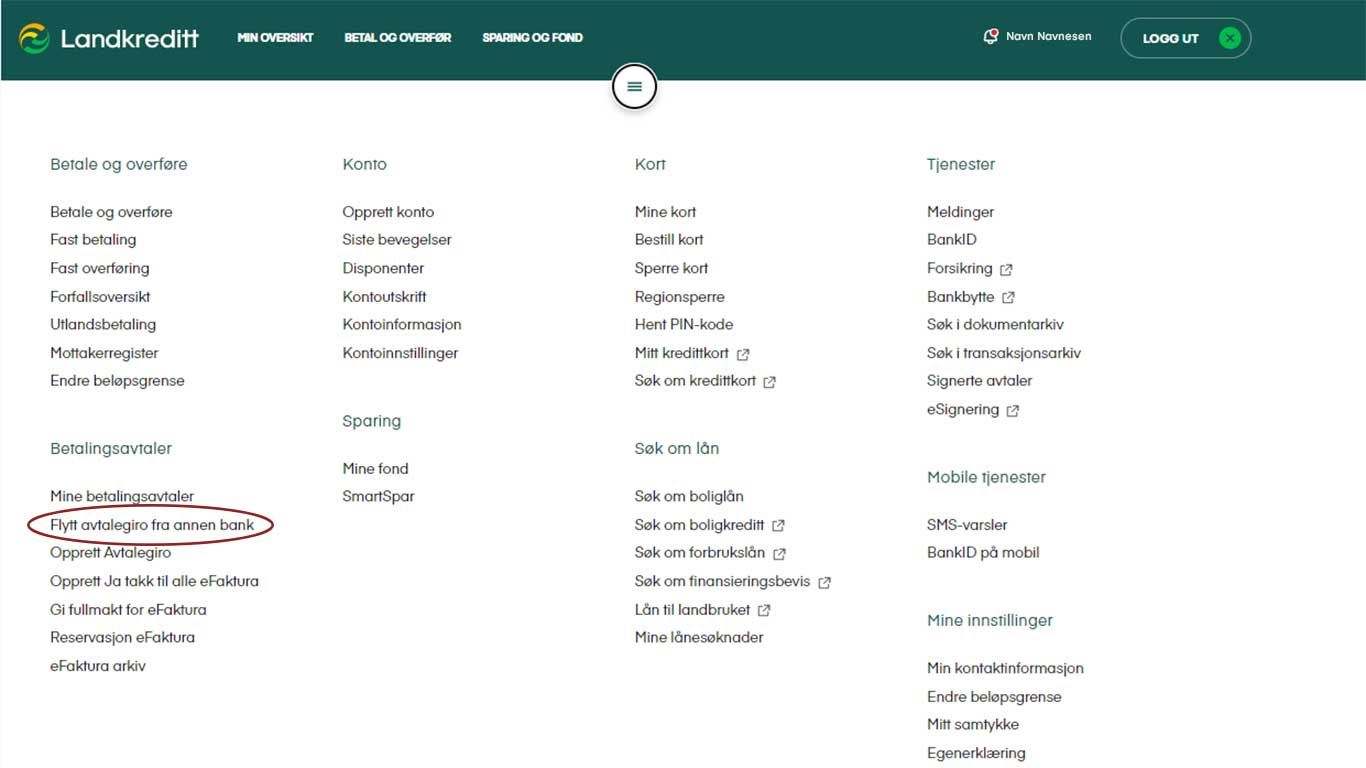Hovedmenyen i nettbanken.