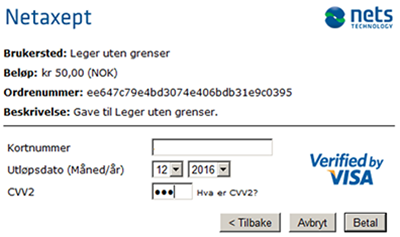 Du fyller inn kortnummer, utløpsdato og CVV2-kode